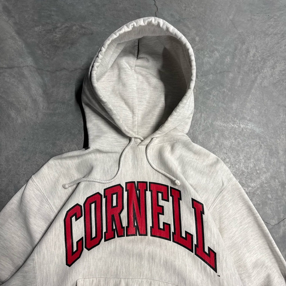 Champion White Reverse Weave Hoodie with Navy Tag